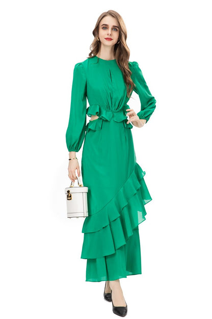 2022 autumn and winter new temperament fashion women's long sleeve side exposed waist ruffled hollow sexy dress 225402