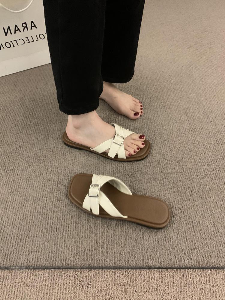 Open-toed sandals法式复古皮带扣一字拖鞋女夏外穿海边度假休闲沙滩鞋露趾平底凉拖