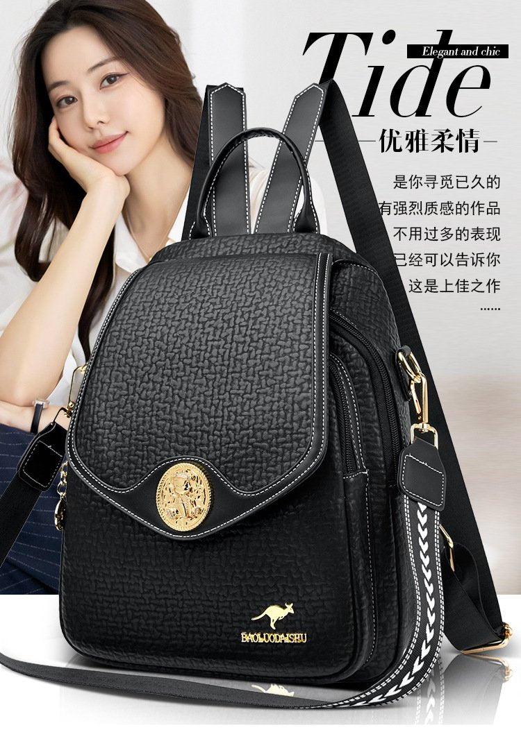 Backpack品牌真皮质感双肩包2024新款时尚休闲旅行大容量女包中年妈妈背包