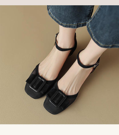 Peep-toe heels2023新款蝴蝶结粗跟凉鞋女拼色包头中空鞋单鞋