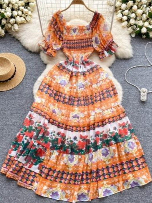 Bohemian New Puff Sleeve Elastic Waist Slim Print Chiffon Dress