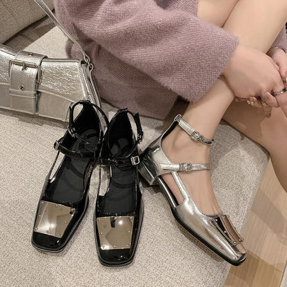 Peep-toe heels时髦girl~设计感镂空盾牌银色玛丽珍鞋方头粗跟浅口一字扣带单鞋