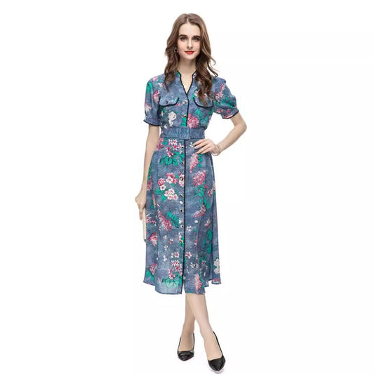 Party 2023 European and American Cross-border Light Luxury Women's Summer New French Casual Printed Belt Slim Fit dress 232406