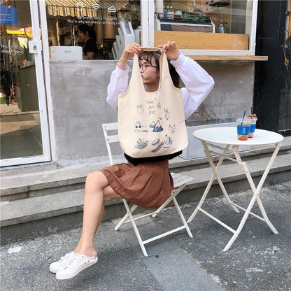 Shopping bag99304  ins单肩手提帆布包袋女可爱卡通插画托特包学生潮