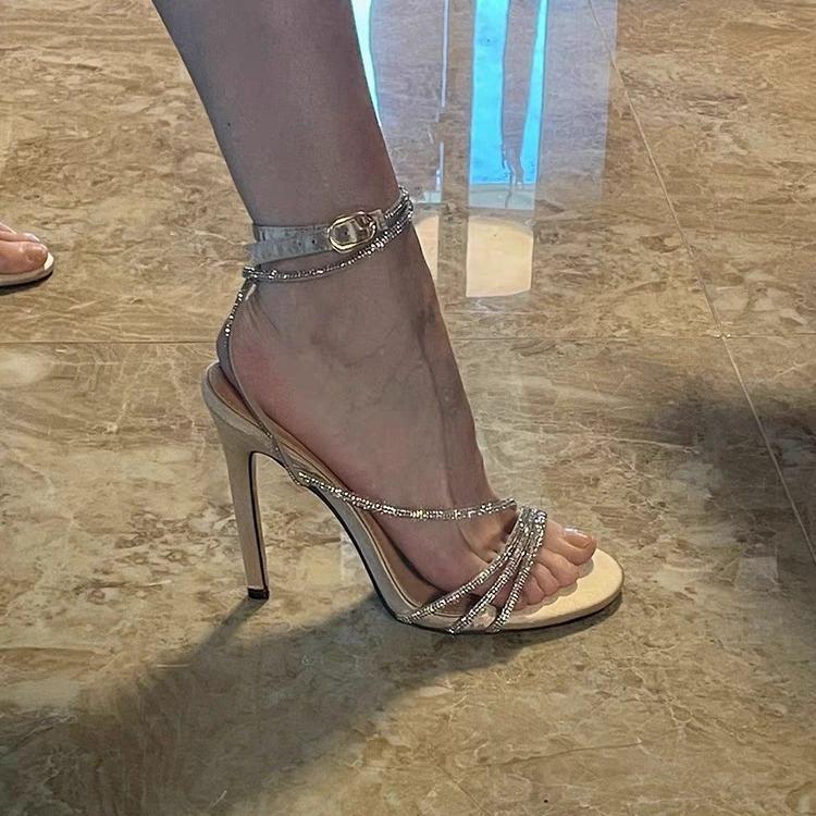 Peep-toe heels2024夏季新款性感一字带水钻露趾凉鞋女细跟香槟色名媛宴会高跟鞋