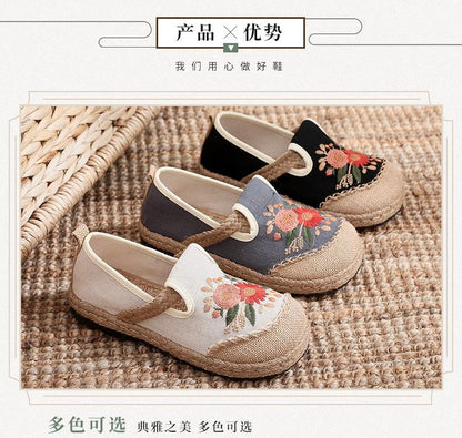 Flat cloth shoes批发日系绣花鞋一脚蹬渔夫鞋 车缝线棉麻刺绣鞋防滑透气 圆头女鞋