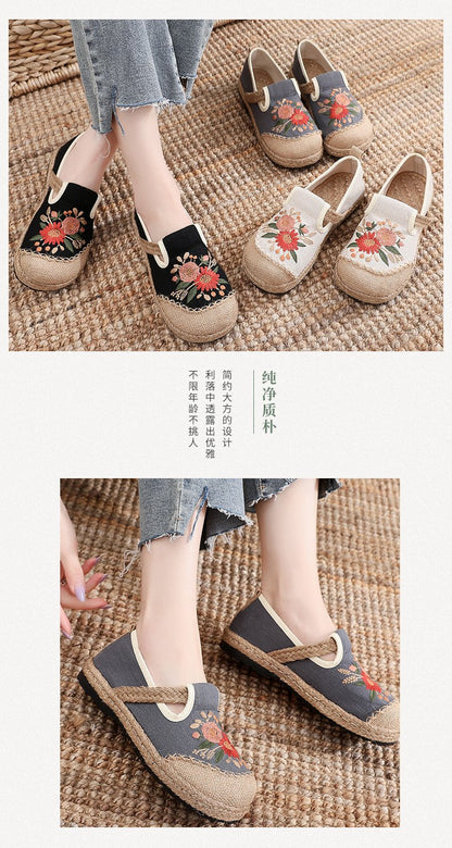 Flat cloth shoes批发日系绣花鞋一脚蹬渔夫鞋 车缝线棉麻刺绣鞋防滑透气 圆头女鞋