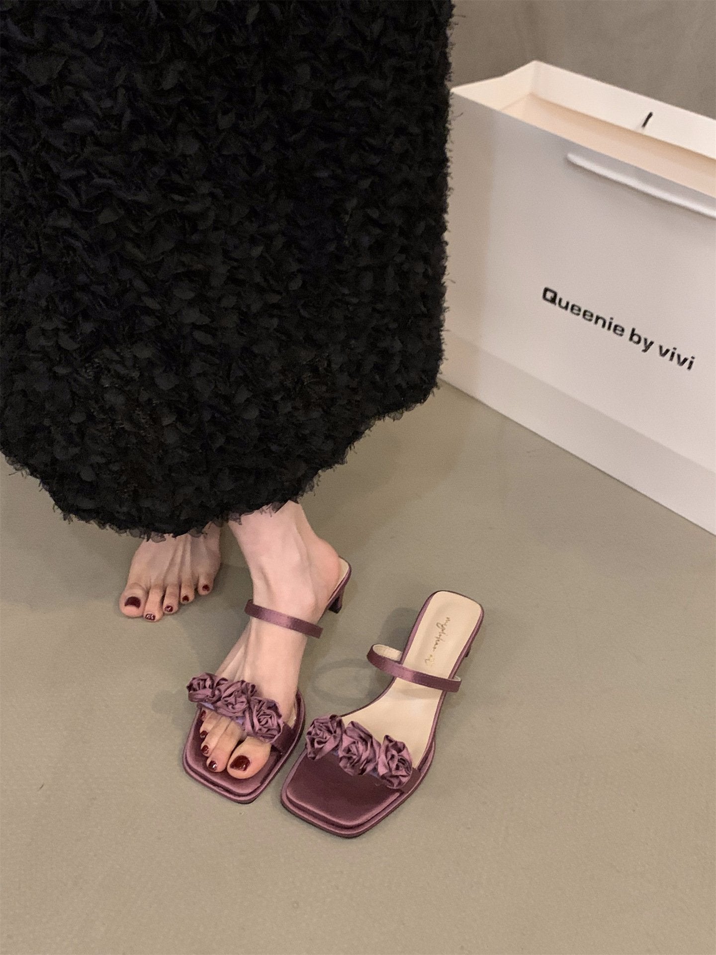 Peep-toe heels紫色仙女风一字拖鞋女鞋子外穿2024新款夏季中高跟法式小凉拖凉鞋