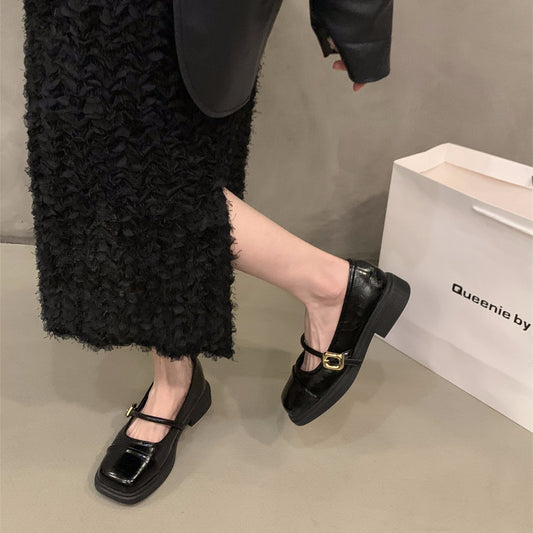 Chunky heel shoes法式拼色玛丽珍晚晚单鞋女鞋子2024年新款春秋季方头英伦风小皮鞋