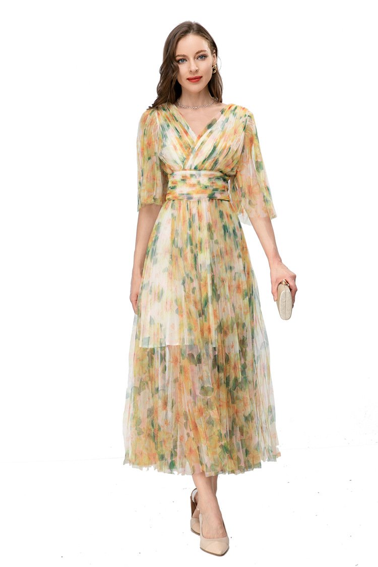 Europe and the United States spring and summer cross-border women's new printing retro gentle temperament heart-made lady dress 230806