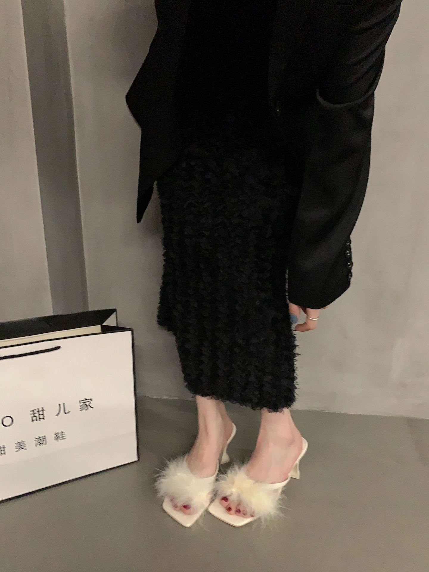 Peep-toe heels法式高跟鞋毛毛拖鞋女鞋子外穿2023年新款夏季仙女风黑色凉拖凉鞋