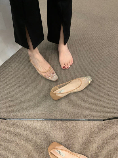 Flat shoes2024年春秋季新款法式平底方头水钻一脚蹬单鞋女网纱透气浅口奶奶