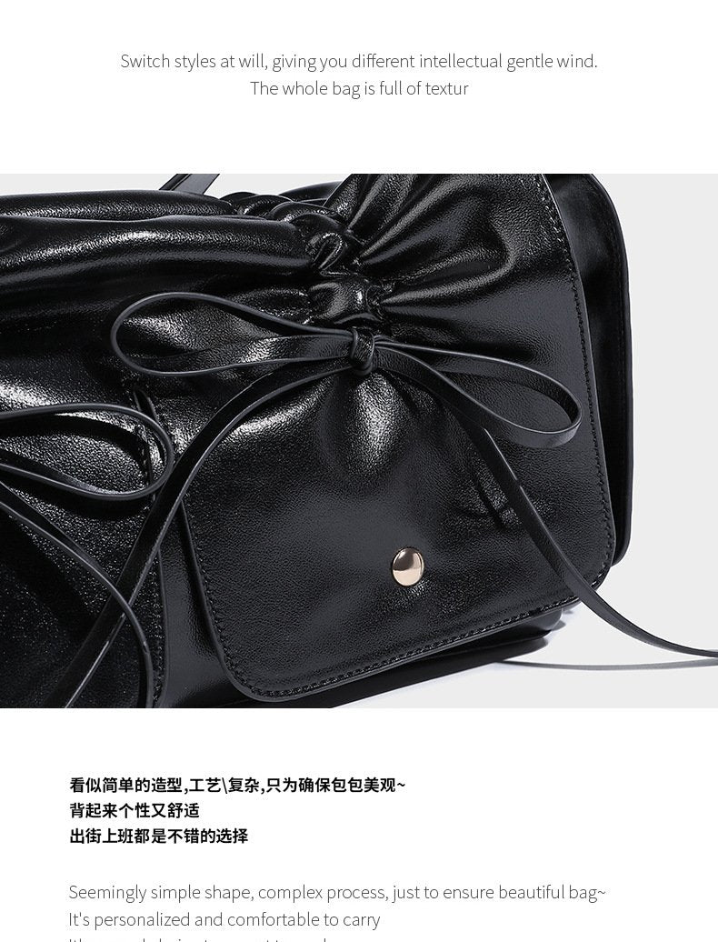 Shoulder handbag2024新款褶皱手提包绑带带结饰相机包女时尚百搭抽绳单肩斜挎包包