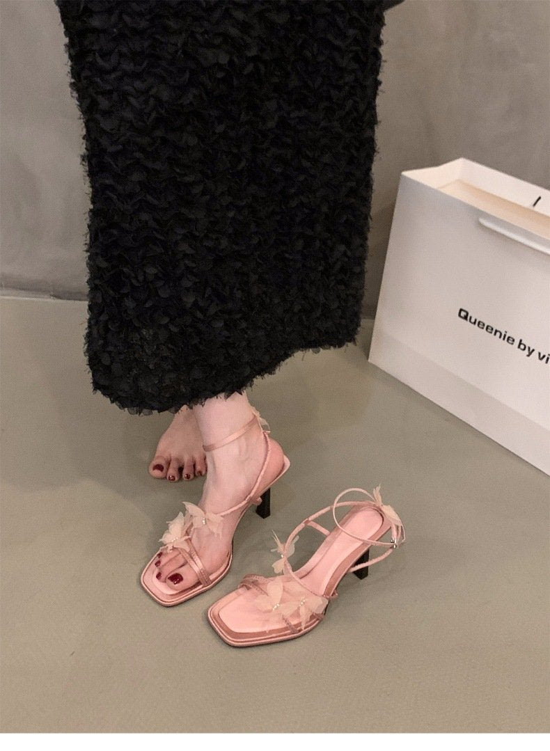 Peep-toe heels粉色仙女风高跟凉鞋女鞋子2024夏季法式绑带气质配裙子细带罗马鞋