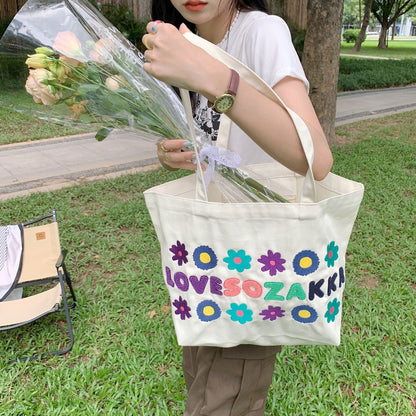 Shopping bag2622 包包女刺绣花朵帆布包潮法式少女单肩腋下包大学生布袋逛街