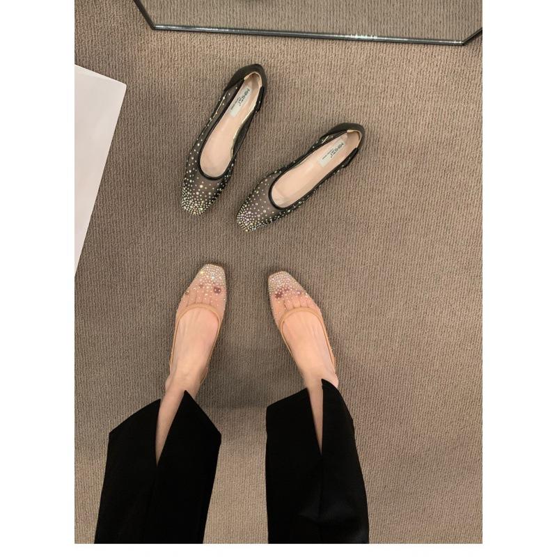 Flat shoes2024年春秋季新款法式平底方头水钻一脚蹬单鞋女网纱透气浅口奶奶