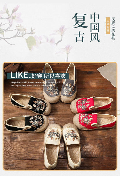 Flat cloth shoes新款老北京布鞋女 手工包麻边牛筋软底套鞋 民族风浅口绣花鞋