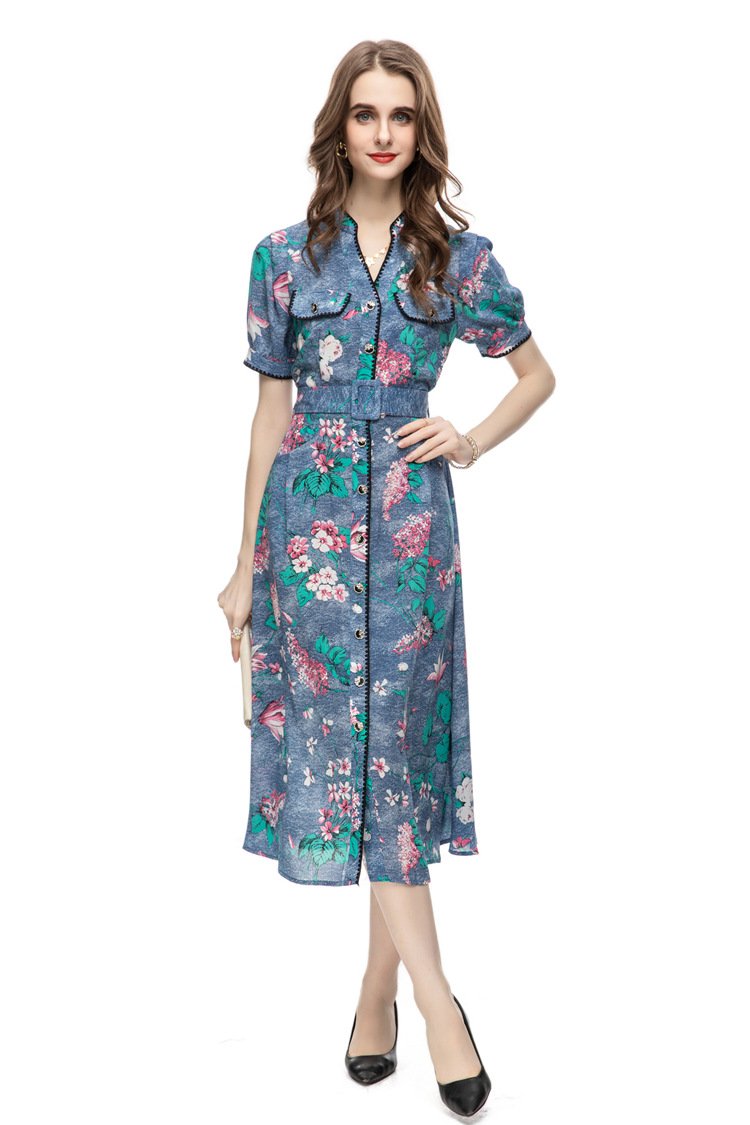 Party 2023 European and American Cross-border Light Luxury Women's Summer New French Casual Printed Belt Slim Fit dress 232406