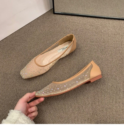 Flat shoes2024年春秋季新款法式平底方头水钻一脚蹬单鞋女网纱透气浅口奶奶