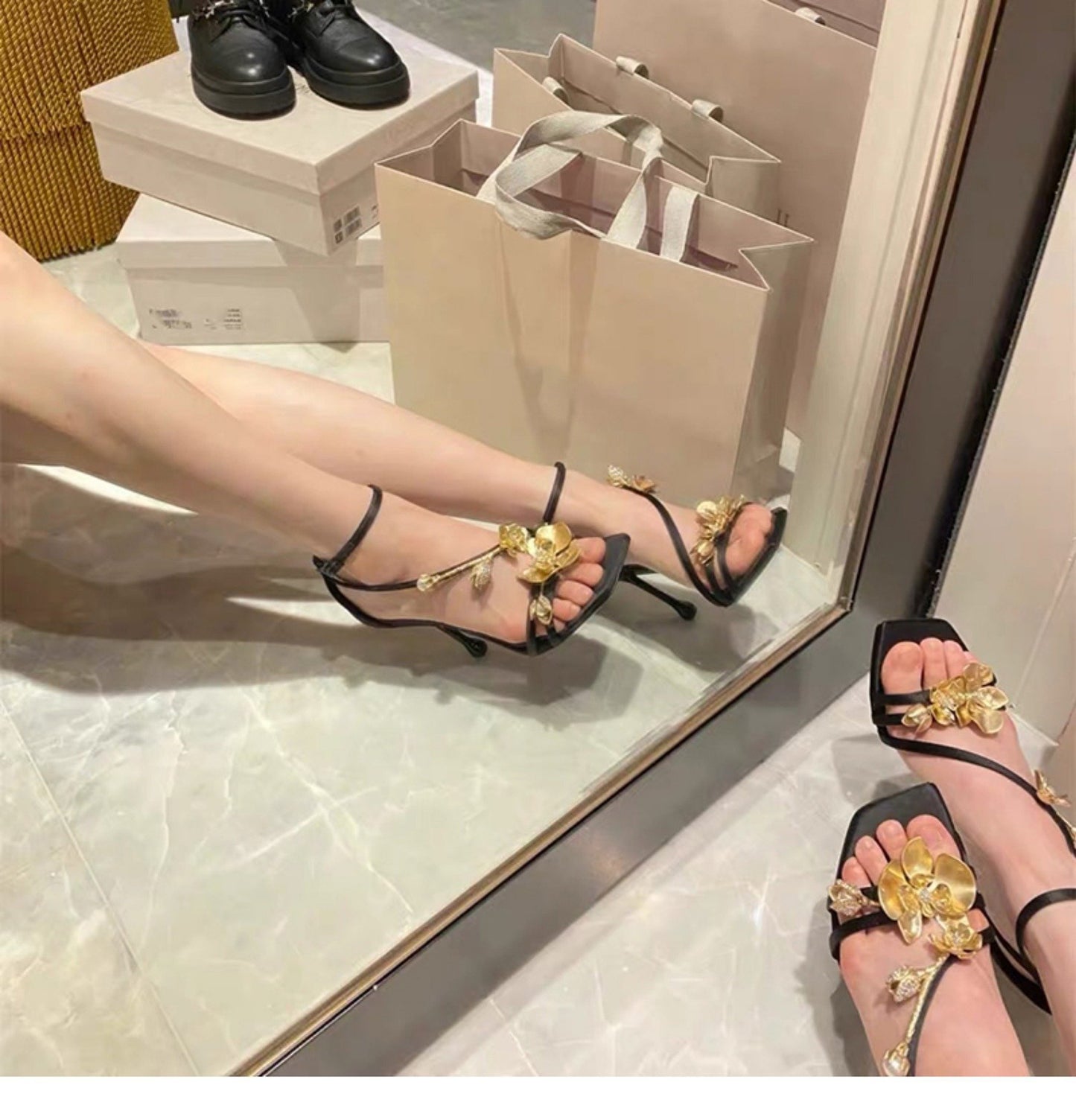 Peep-toe heels法式小众设计感金色玫瑰花细跟高跟鞋女夏季方头露趾一字带凉鞋