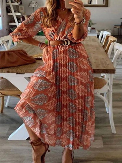 Bohemian New Style Printed Pleated Holiday Maxi Dress with Big Swing