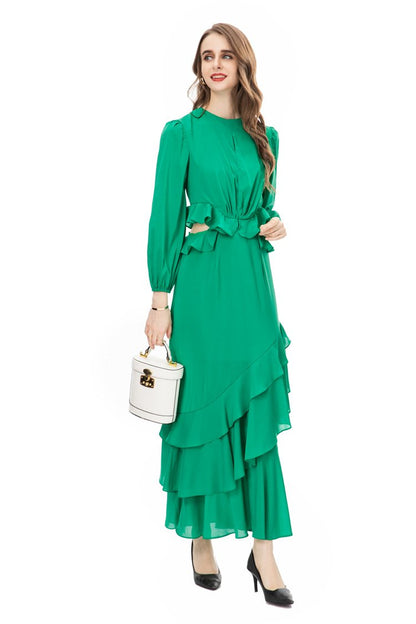 2022 autumn and winter new temperament fashion women's long sleeve side exposed waist ruffled hollow sexy dress 225402