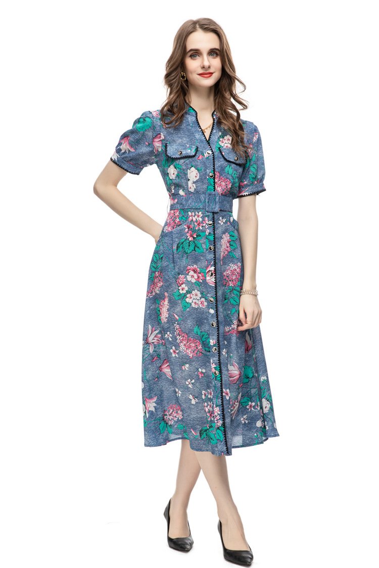 Party 2023 European and American Cross-border Light Luxury Women's Summer New French Casual Printed Belt Slim Fit dress 232406