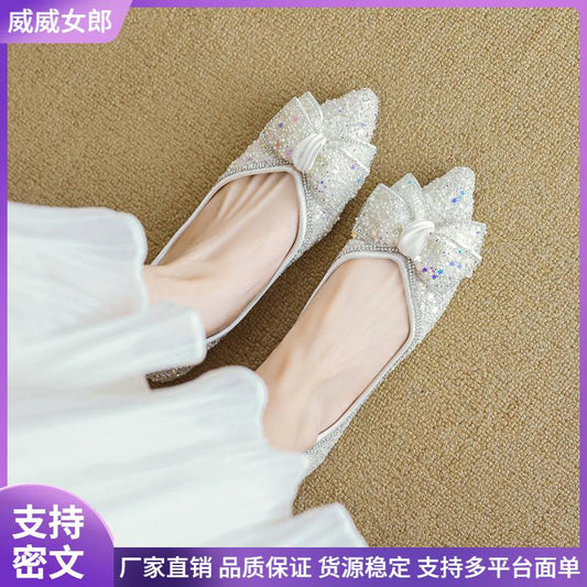 Flat shoes威威女郎 5933-15尖头单鞋女平底一脚蹬浅口水钻蝴蝶结豆豆鞋软底