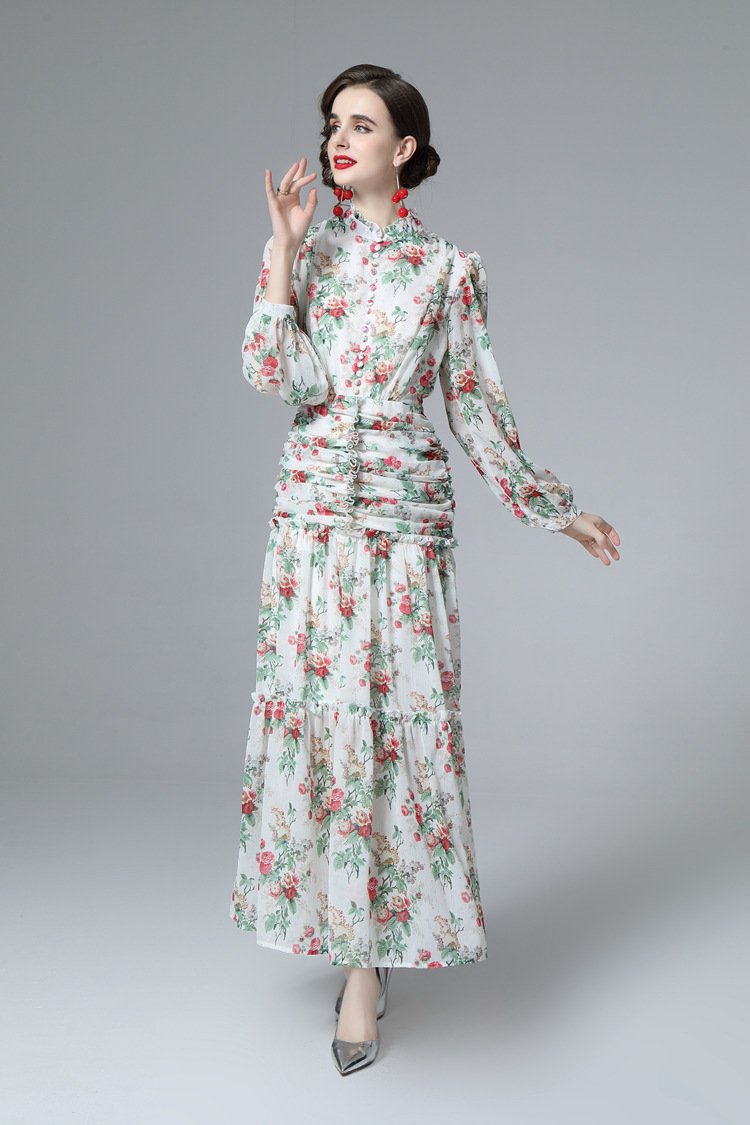 2022 Spring High Waist Elegant Commuter Single Breasted Fashionable Casual Printed Wrinkle Fresh Dress 218713