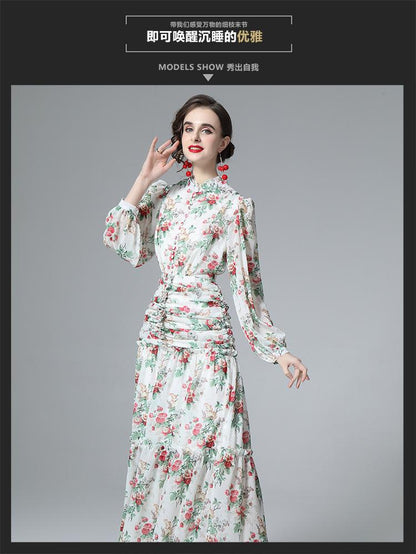 2022 Spring High Waist Elegant Commuter Single Breasted Fashionable Casual Printed Wrinkle Fresh Dress 218713