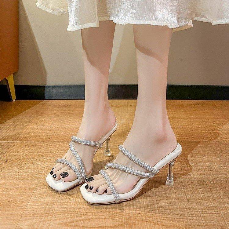 Peep-toe heels真软皮踩屎感凉拖鞋女水钻一字带2024新款夏季方头绝美高跟鞋凉鞋