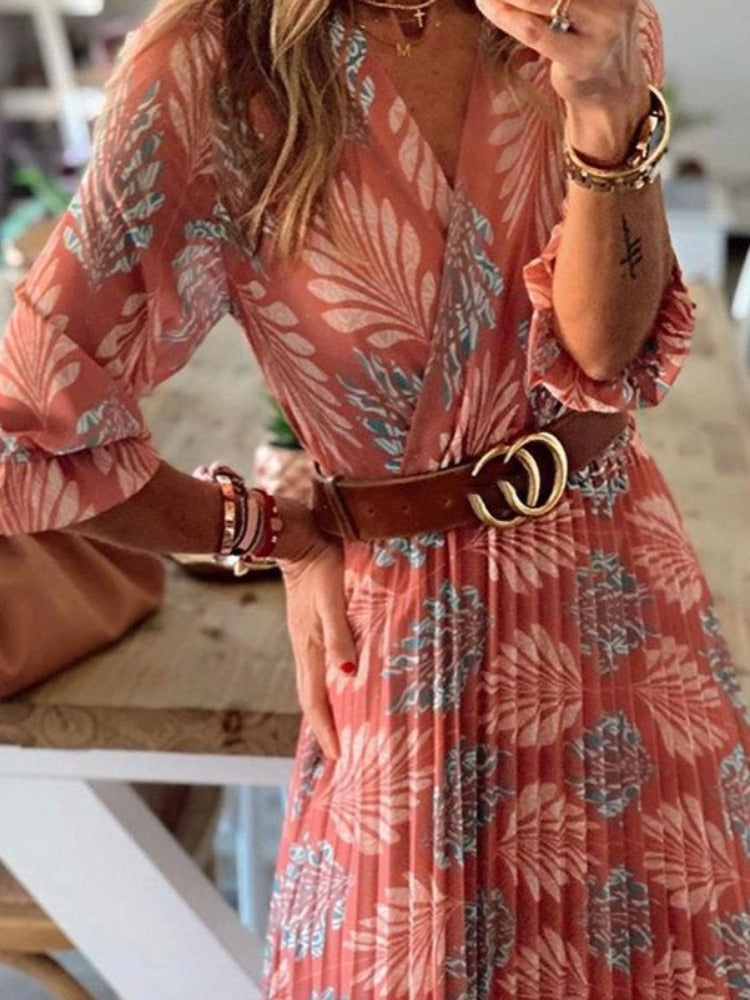 Bohemian New Style Printed Pleated Holiday Maxi Dress with Big Swing