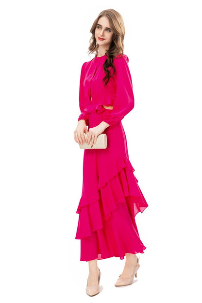 2022 autumn and winter new temperament fashion women's long sleeve side exposed waist ruffled hollow sexy dress 225402