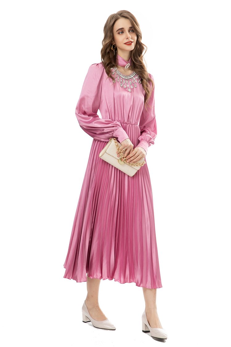 European and American Fashion South France Neck Elegant Dress Leisure Cocktail Dinner Beaded Pleated Waist dress 225205