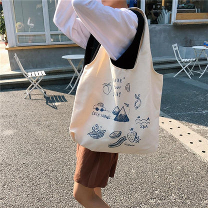 Shopping bag99304  ins单肩手提帆布包袋女可爱卡通插画托特包学生潮