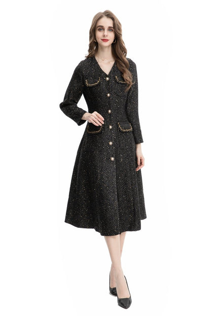 French Women's Slim-fit Hip Bag Single-breasted Pocket Fragrant Lady Woolen Coat with Belt 224904