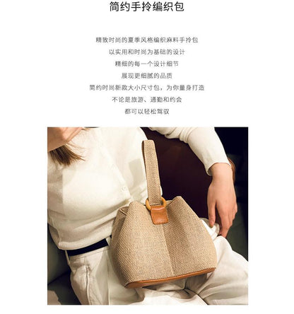 Shoulder handbag【加工定制】亚麻编织手提包 民族风时尚手拎包网红ins编织水桶