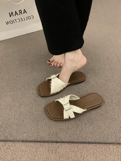 Open-toed sandals法式复古皮带扣一字拖鞋女夏外穿海边度假休闲沙滩鞋露趾平底凉拖