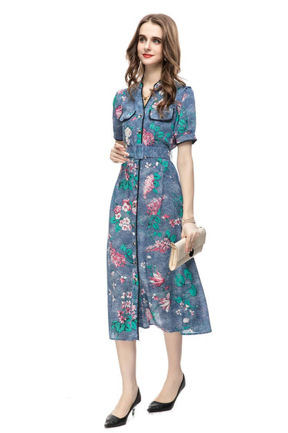 Party 2023 European and American Cross-border Light Luxury Women's Summer New French Casual Printed Belt Slim Fit dress 232406