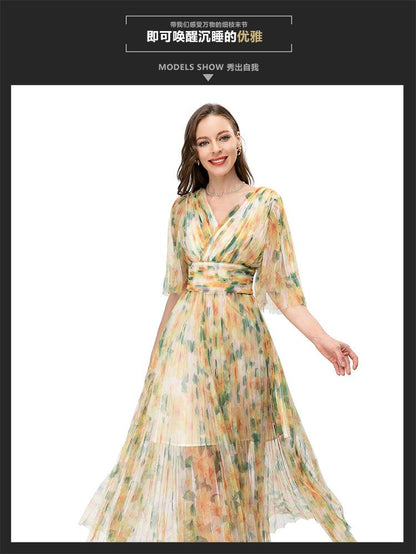 Europe and the United States spring and summer cross-border women's new printing retro gentle temperament heart-made lady dress 230806