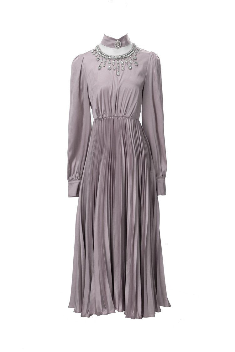 European and American Fashion South France Neck Elegant Dress Leisure Cocktail Dinner Beaded Pleated Waist dress 225205