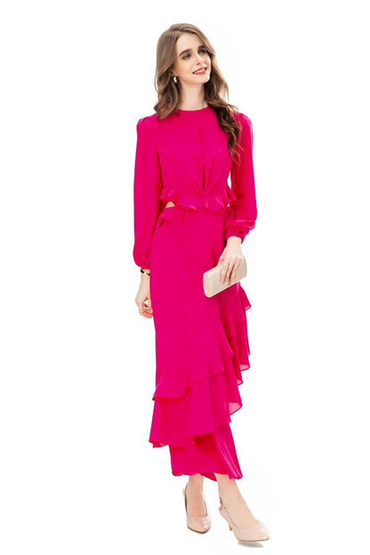 2022 autumn and winter new temperament fashion women's long sleeve side exposed waist ruffled hollow sexy dress 225402