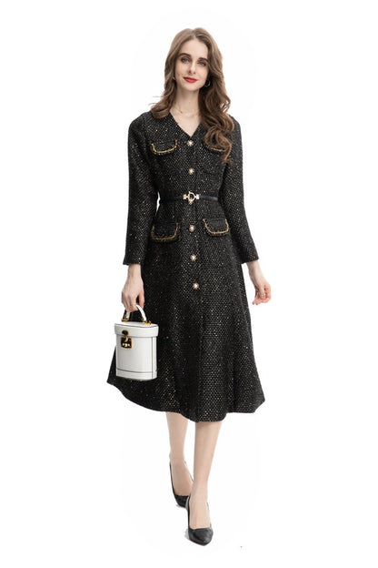 French Women's Slim-fit Hip Bag Single-breasted Pocket Fragrant Lady Woolen Coat with Belt 224904