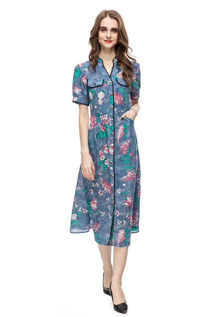 Party 2023 European and American Cross-border Light Luxury Women's Summer New French Casual Printed Belt Slim Fit dress 232406