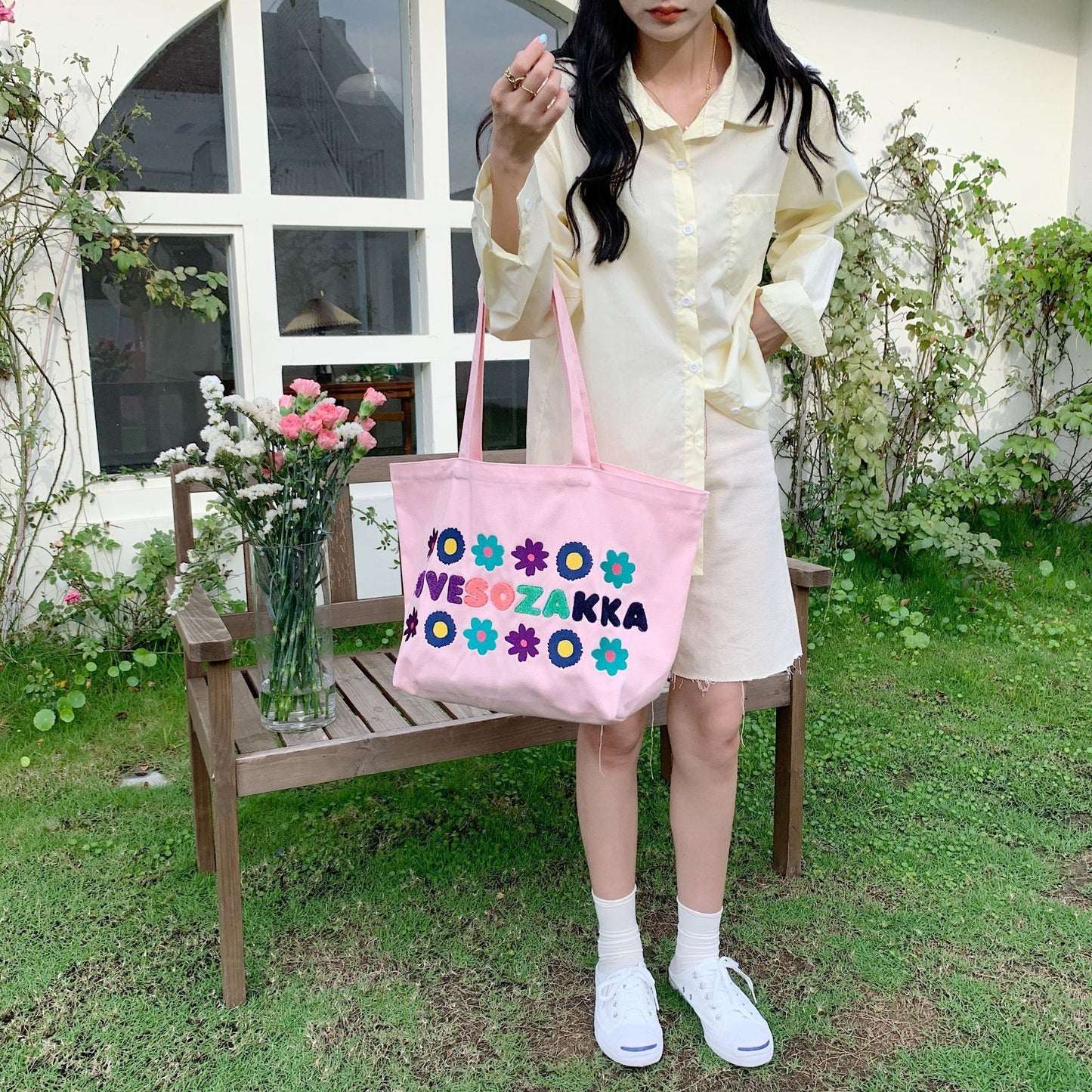 Shopping bag2622 包包女刺绣花朵帆布包潮法式少女单肩腋下包大学生布袋逛街