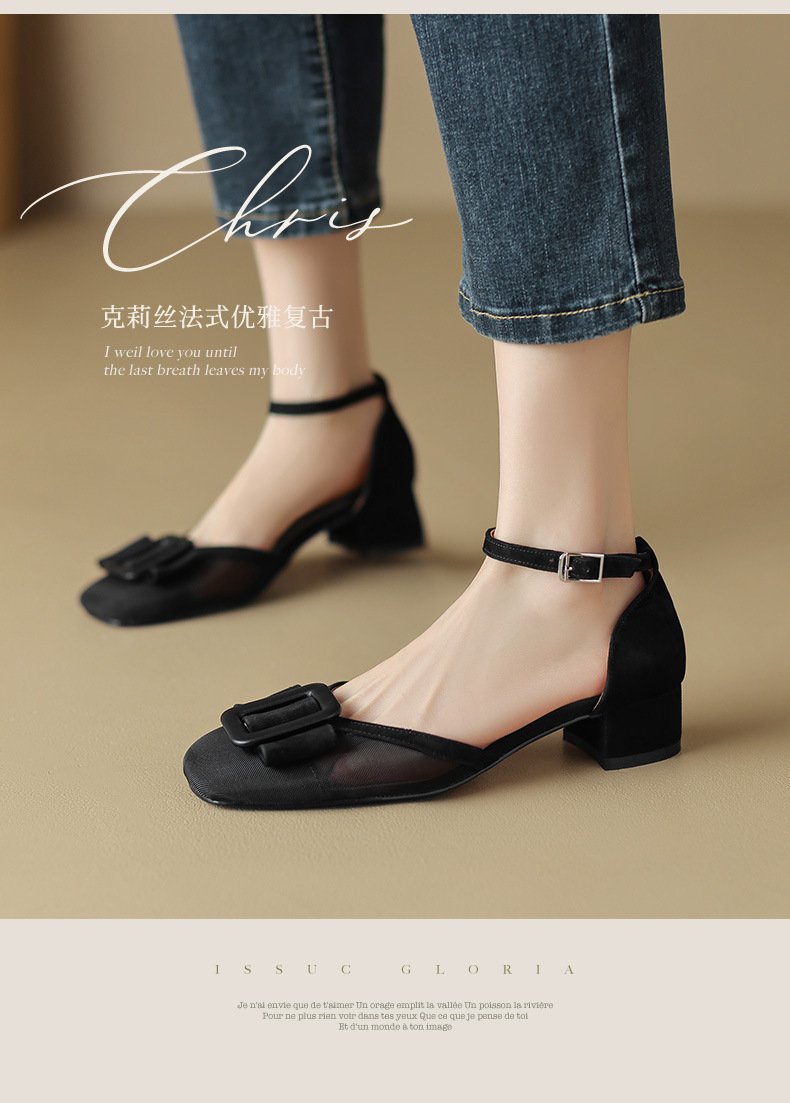 Peep-toe heels2023新款蝴蝶结粗跟凉鞋女拼色包头中空鞋单鞋