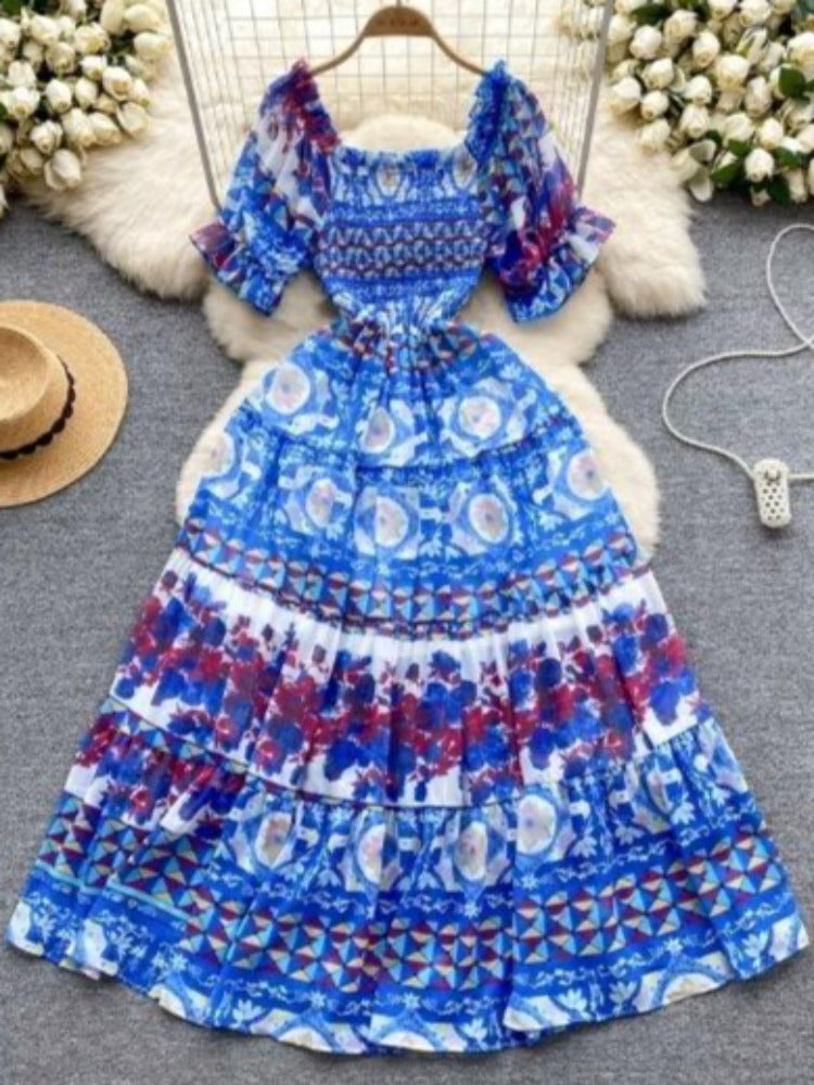 Bohemian New Puff Sleeve Elastic Waist Slim Print Chiffon Dress