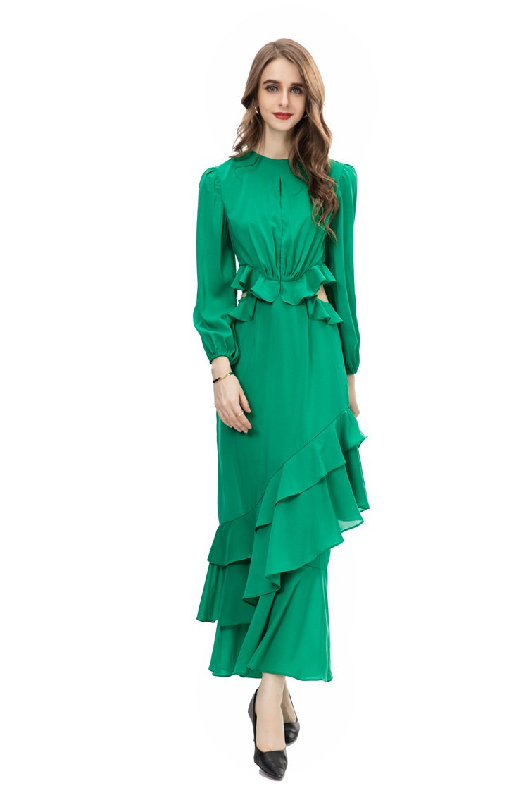 2022 autumn and winter new temperament fashion women's long sleeve side exposed waist ruffled hollow sexy dress 225402