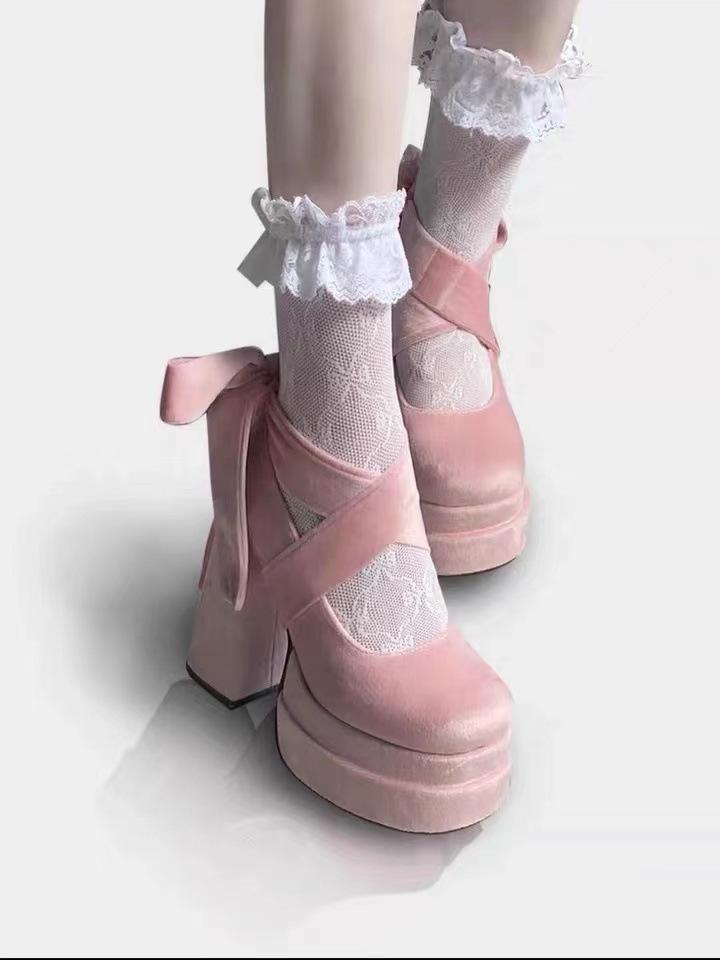 Chunky heel shoes小个子交叉绑带防水台高跟鞋女小众厚底玛丽珍百搭甜美lolita单鞋