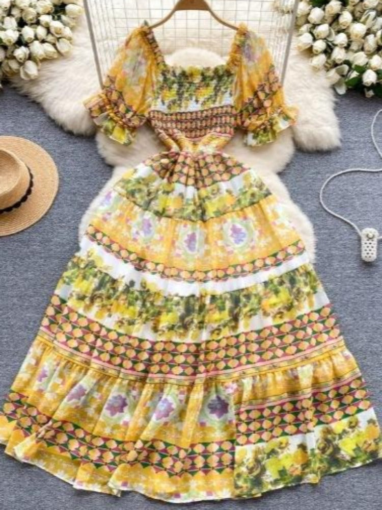 Bohemian New Puff Sleeve Elastic Waist Slim Print Chiffon Dress